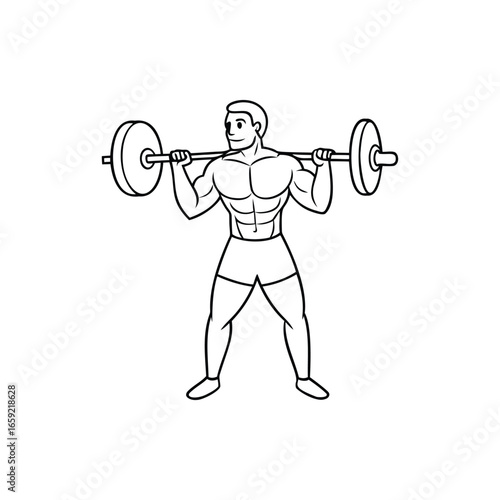 Cartoon illustration of a very muscular man squatting a barbell workout
