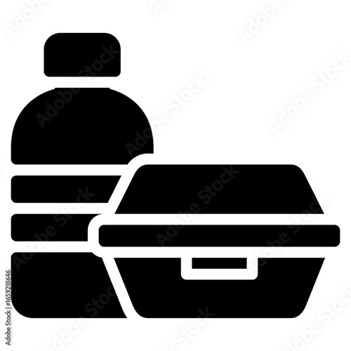 Water bottle and food box icon in glyph style, suitable for food delivery, fast food, and restaurant concept illustrations