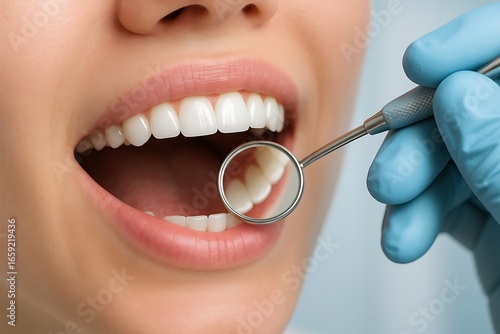 Close up of a dentist using a dental mirror to examine a patient s healthy white teeth