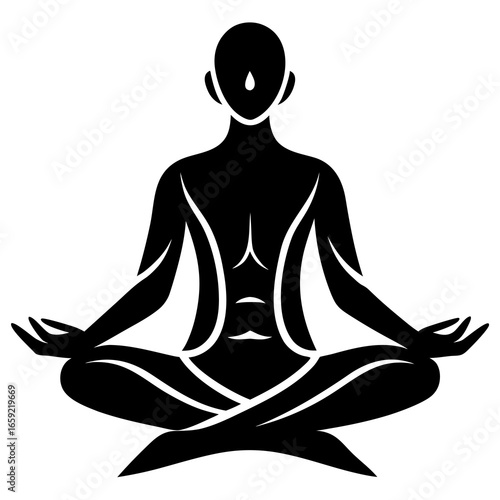 Black silhouette illustration of a person meditating isolated on white background suitable for professional vector design,
Meditation silhouette vector illustration,
Minimalist yoga pose black icon,
P