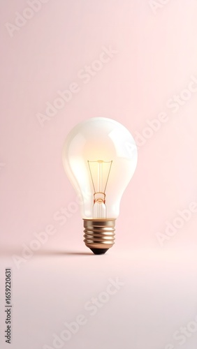 Illuminated incandescent light bulb glows brightly against a soft, pastel pink background.