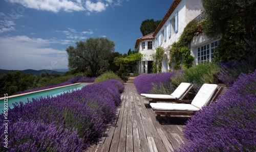 Lavender-filled patio by pool, villa backdrop