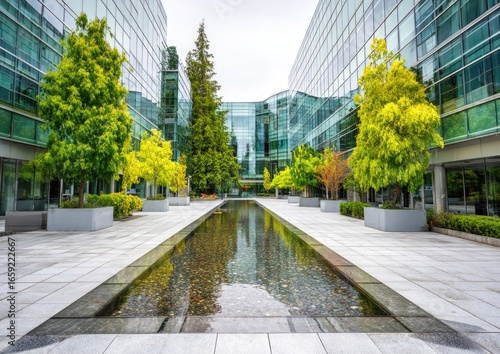 Modern office complex courtyard with reflecting pool and greenery