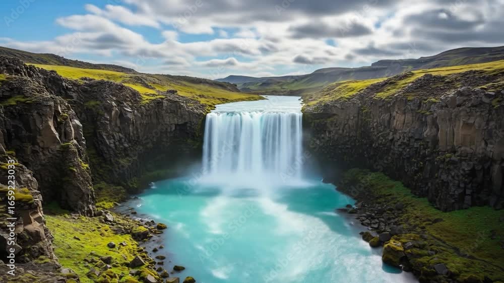 A breathtaking waterfall cascades dramatically down a rugged cliff face, surrounded by lush green hills and a vibrant turquoise pool below. A breathtaking waterfall cascades dramatically down a rugged cliff face, surrounded by lush green hills and a vibrant turquoise pool below.