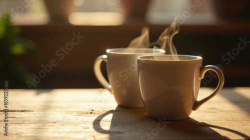 Warm morning light illuminates two steaming mugs of hot beverage on a rustic wooden surface.