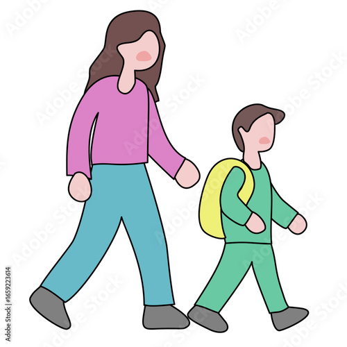 Mother Walking with School Child