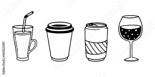 A selection of four drinks in various containers including a glass, cup, can and wine glass