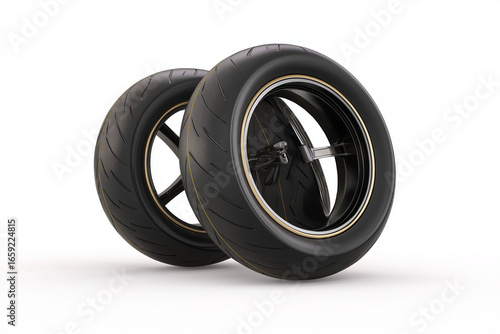 3D realistic heavy bike Wheels tire, flat design, ultra-clean high detail, sharp textures, deep treads, black rubber with metallic rim, professional studio render, isolated on pure white background, c