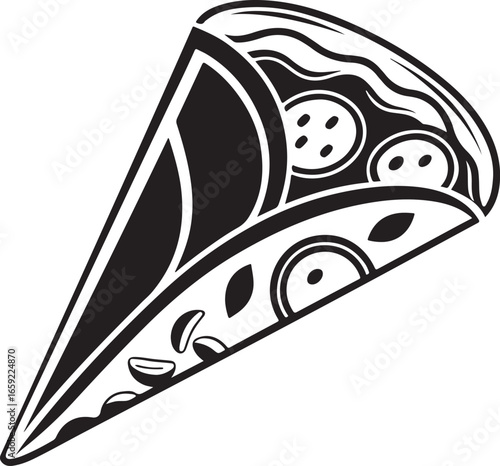 Stylized black and white illustration of a deliciously wrapped burrito filled with fresh ingredients and savory toppings