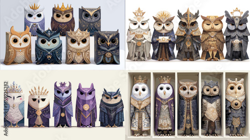 Majestic owl characters dressed as kings and queens in detailed royal attire. Elegant fantasy illustration symbolizing wisdom, intelligence, and nobility, perfect for storybooks or design art.