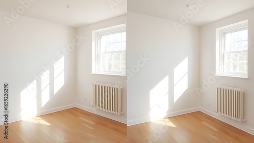 Simple room comparison showing plain walls versus freshly painted walls with natural light.