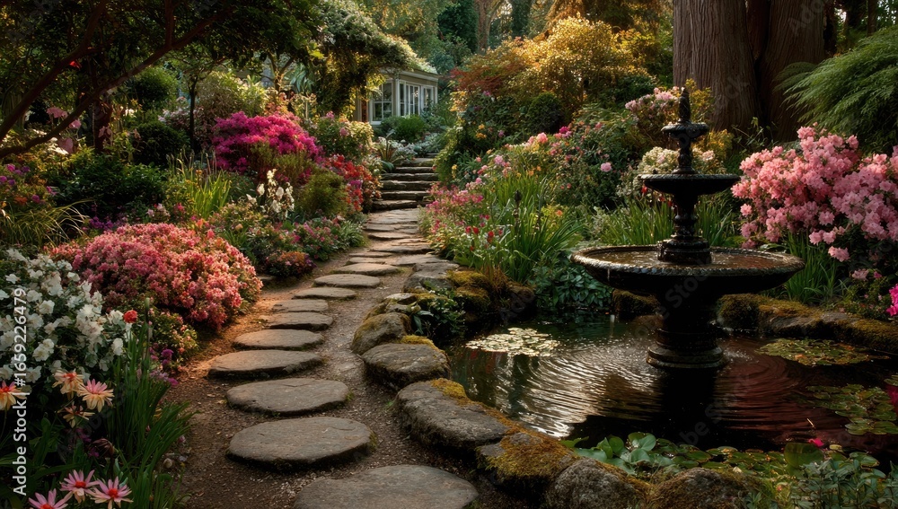 Serene garden path, stepping stones, fountain, house background Serene garden path, stepping stones, fountain, house background