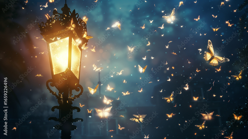 Naklejka premium streetlamp surrounded by flying glowing moths