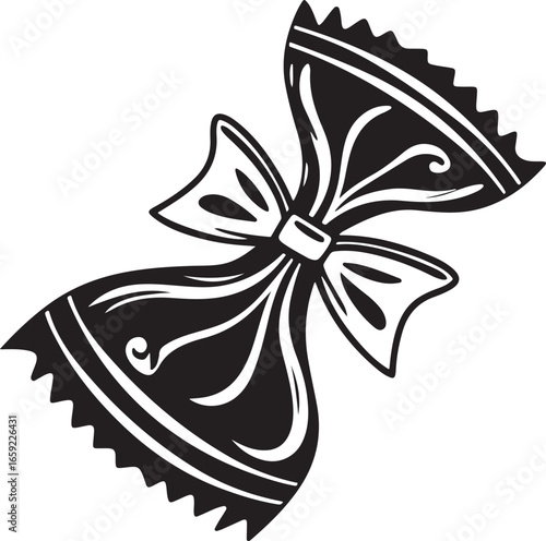 Stylized black and white illustration of a farfalle pasta shape with elegant decorative lines and serrated edges