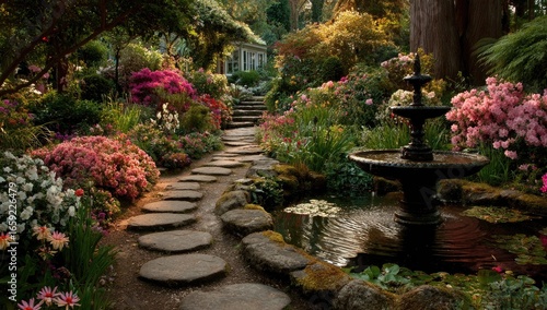 Wallpaper Mural Serene garden path, stepping stones, fountain, house background Torontodigital.ca