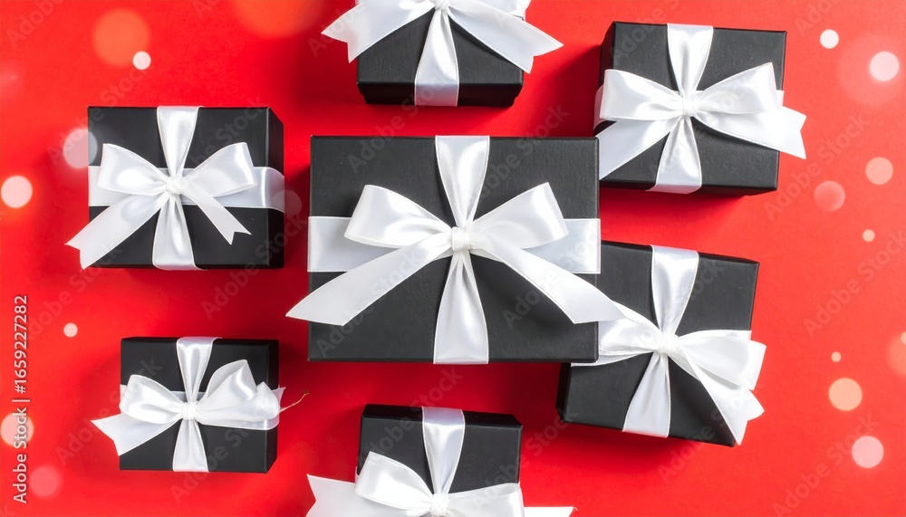 Obraz premium A vibrant Christmas gift box decorated with red and white stars and a festive red bow