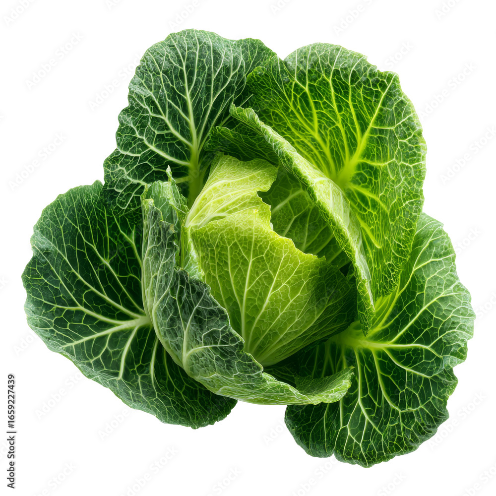 Obraz premium Fresh green cabbage with vibrant leaves and intricate textures, showcasing its natural beauty and crispness. Perfect for salads, cooking, or garnishing dishes