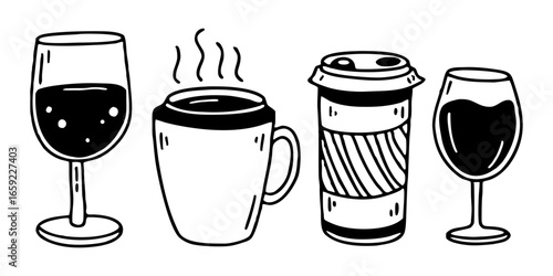 Illustration of two wine glasses a coffee cup and a takeaway cup in black and white doodle style art work