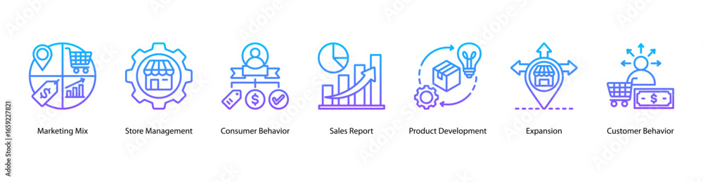 Retail and Product Strategy web banner icon vector illustration featuring Marketing Mix, Store Management, Consumer Behavior, Sales Report, Product Development, Expansion, and Customer Behavior. Retail and Product Strategy web banner icon vector illustration featuring Marketing Mix, Store Management, Consumer Behavior, Sales Report, Product Development, Expansion, and Customer Behavior.