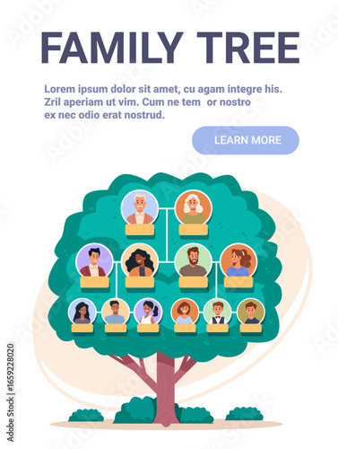 Family tree genealogy chart diverse people connected generations green tree background flat design template