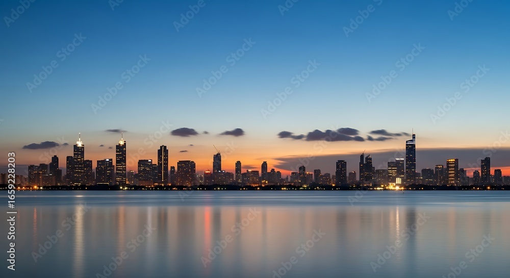 Obraz premium Panoramic City Skyline Reflection at Dusk with Illuminated Modern Buildings and Tranquil Water