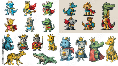 Charming animal kings in royal costumes and crowns. Cartoon-style illustration featuring lions, dogs, dragons, and giraffes dressed in regal outfits, perfect for fairy tales and children’s art.