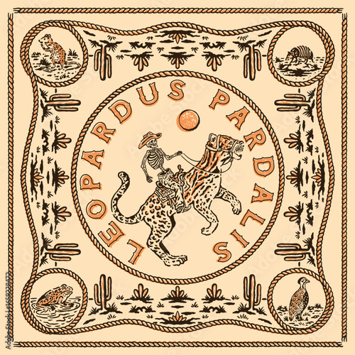 ocelot illustration cowboy graphic skull design rodeo badge bandana vintage wild west