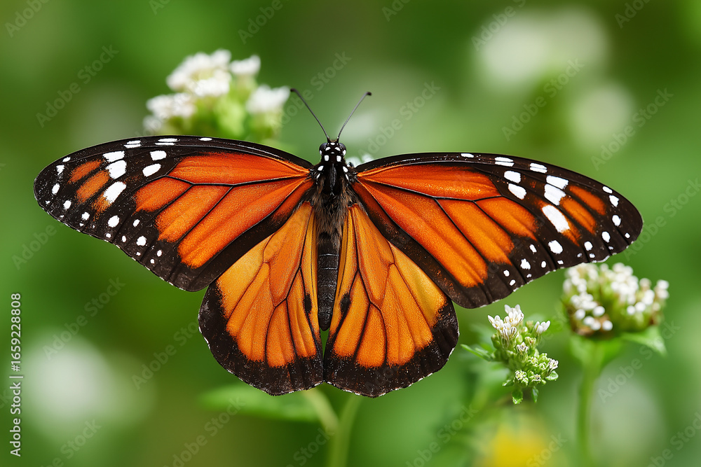 Fototapeta premium A vibrant orange and black monarch old men with detailed wing patterns.
