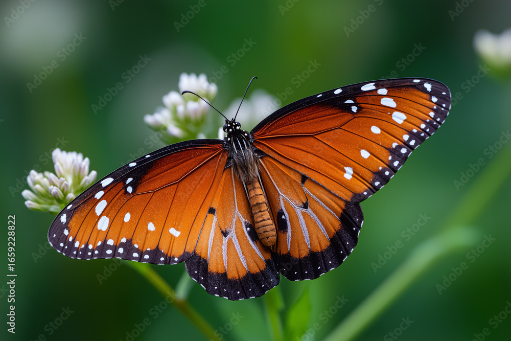 Fototapeta premium A vibrant orange and black monarch old men with detailed wing patterns.