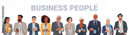 Business people diverse team standing together holding coffee and smartphones professional office attire conference badges white background banner