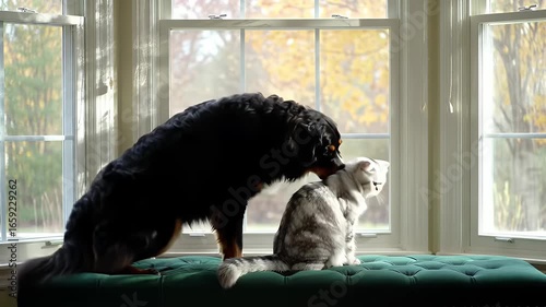 Indoor Affectionate Bond Between Bernese Mountain Dog Licking a Grey Tabby Cat on a Tufted Green Bench Near Window in Autumn Warm Sunlight for Harmony and Family Themed Projects