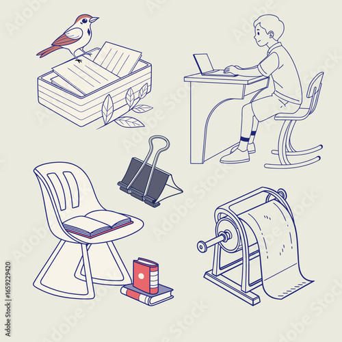 Illustration of a Bird Perched on Papers in a Box.