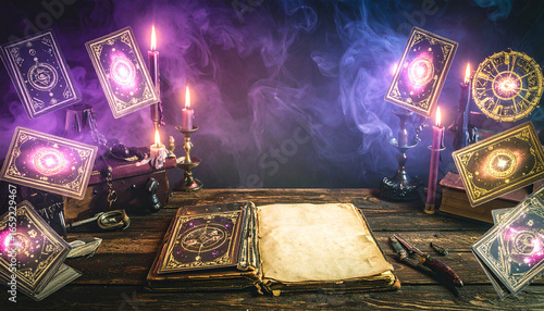 Tarot cards levitating above an antique book and candles on a dark wooden table, evoking a mystical atmosphere.