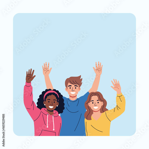 Diverse Group of Friends Waving and Smiling Together.