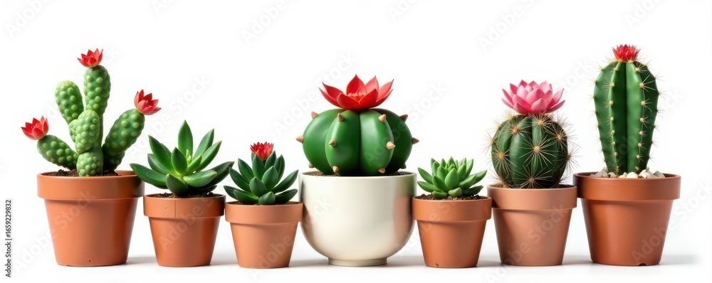 Fototapeta premium A collection of diverse succulents and cacti in various pots, isolated on white , cacti, arid