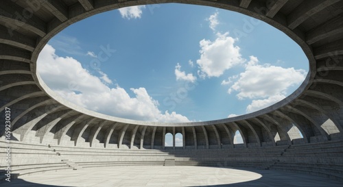 Empty, circular concrete arena, sky view