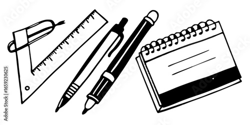 Illustration of drafting tools including a t square ruler pens and a spiral bound notebook on white background