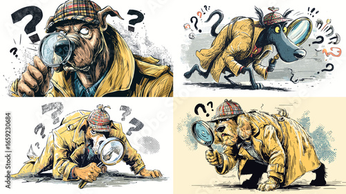 Detective dog wearing a trench coat and hat investigating clues with magnifying glass. Dynamic comic-style illustration symbolizing mystery, investigation, and intelligence.