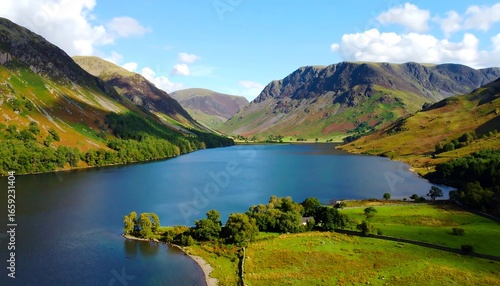 Scenic lake nestled in mountains