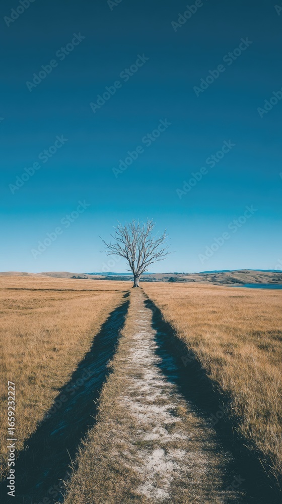 Naklejka premium Lone tree in a vast field, path leading to it