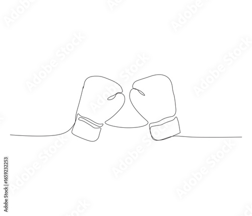 One continuous line drawing of boxing gloves. single line illustration of boxer fighting equipment. self defense concept. editable outline