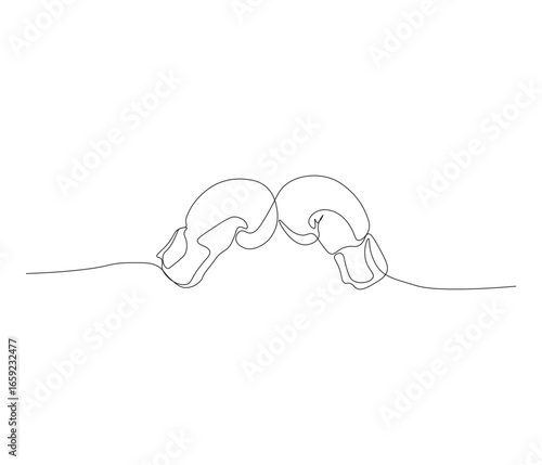 One continuous line drawing of boxing gloves. single line illustration of boxer fighting equipment. self defense concept. editable outline