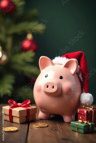 Christmas piggy bank in Santa hat on wood with gifts, piggy bank, gift box, winter