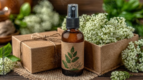 Brown bottle with spray nozzle and label sits near flowers and gift box.