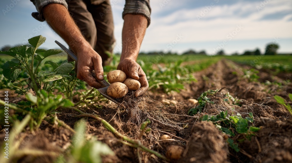 Fototapeta premium Farmer harvesting potatoes from the ground in field 