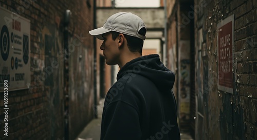 Young man in a black hoodie and cap walking thoughtfully through a narrow, gritty urban alleyway.
