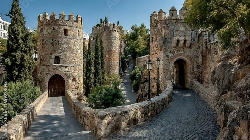 Stone castle entrance with towers and archways surrounded by trees and greenery.