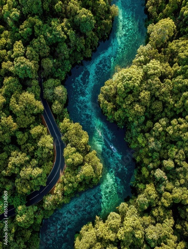 Lush green forest canopy.  Aerial view of winding road and turquoise river