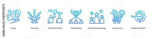 Business Structure web banner icon vector illustration featuring Equity, Licensing, Conflict Of Interest, Profit Sharing, Competitive Advantage, Procurement, and Market Penetration.