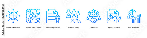 Strategic Growth web banner icon vector illustration featuring Market Expansion, Resource Allocation, License Agreement, Research Group, Excellence, Legal Document, and Risk Mitigation.